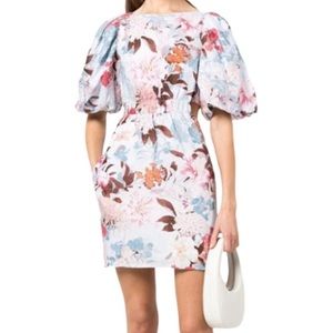 NWT Cara Cara Bonnie Cutout Puff Sleeve Linen Dress In Japanese Floral Blue